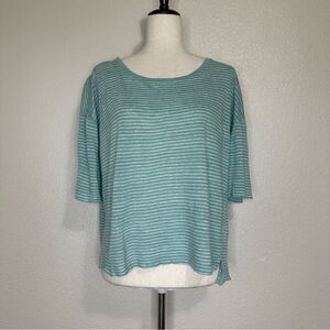 Nicole Miller 100% Linen Mint Green White Striped Short Sleeves Tee